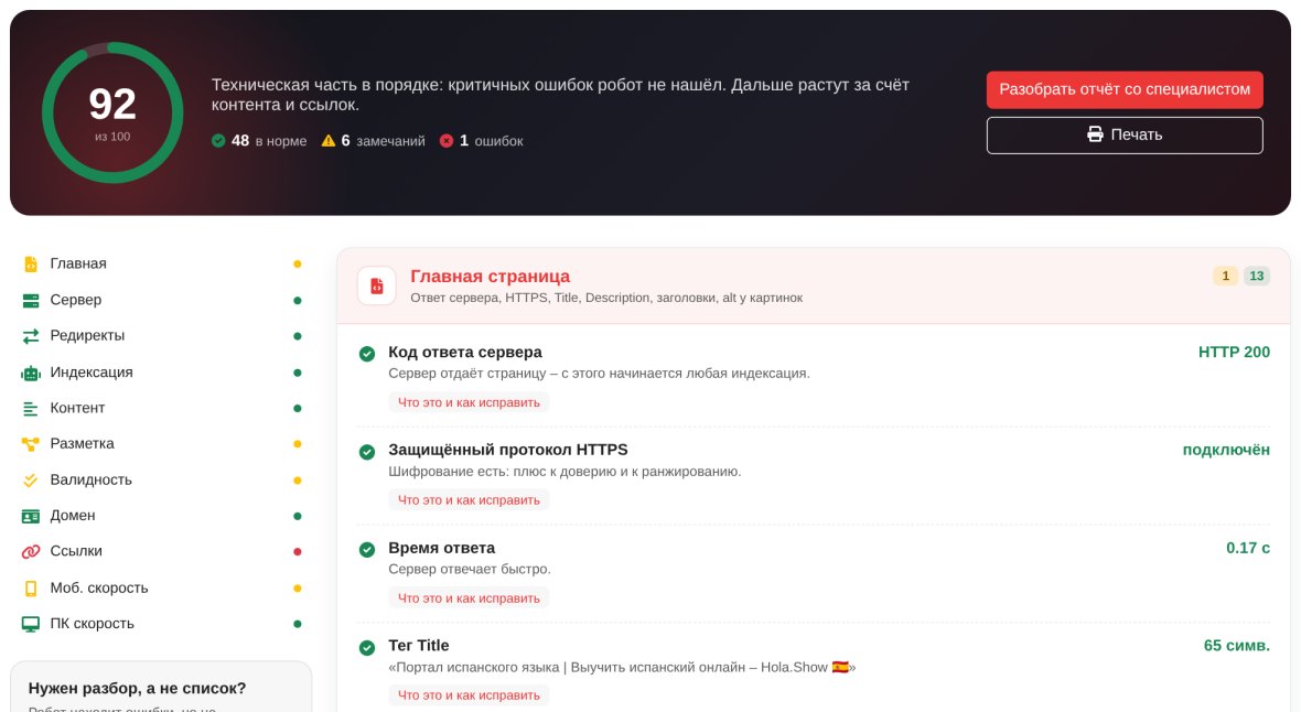 Отчёт SEO-аудита: общий балл, разделы проверок и пояснения к каждой – РОСТСАЙТ